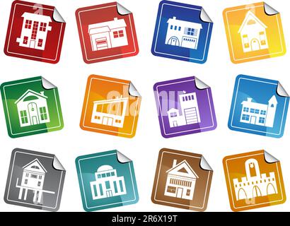 Set of 12 different style of buildings in sticker buttons. Stock Vector