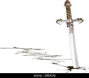 Sword left in the ground formed a crack in it Stock Vector