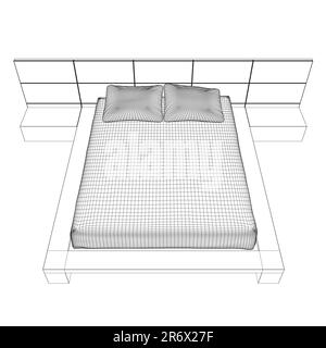 Wireframe drawing of double bed. Modern comfortable luxury furnitures for bedroom. Wireframe of a sleeping bed with pillows from black lines isolated Stock Vector