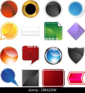 A set of 16 icon buttons in different shapes and colors - blank. Stock Vector