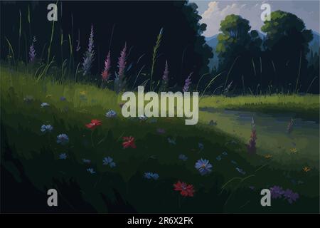 A tranquil meadow filled with colorful wildflowers, with a gentle breeze causing the grass to sway, and butterflies dancing from flower to flower Stock Vector