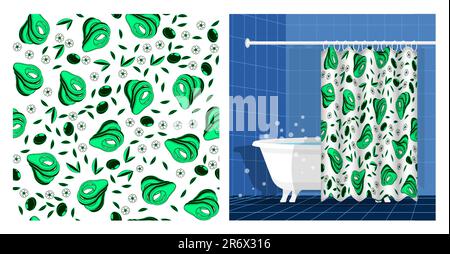 Bathroom interior with bathtub and curtain decorated Avocado cutting fruit seamless pattern with leaves and flowers. Vector illustration, ornament for Stock Vector