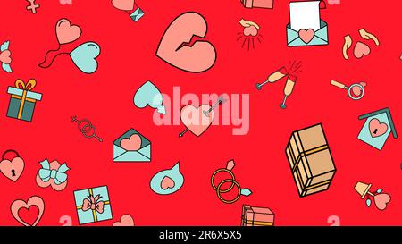 Texture seamless pattern from a set of love items with hearts and gifts for the holiday of love Valentine's Day February 14 or March 8 on a red backgr Stock Vector