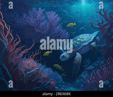 A breathtaking view of a coral reef teeming with vibrant marine life, from colorful fish and delicate seahorses to majestic sea turtles and shimmering Stock Vector