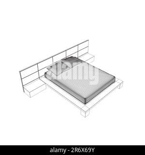 Wireframe drawing of double bed. Modern comfortable luxury furnitures for bedroom. Wireframe of a sleeping bed with pillows from black lines isolated Stock Vector