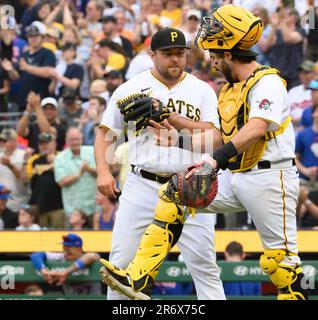 Pittsburgh, United States. 11th June, 2023. Pittsburgh Pirates catcher Austin Hedges (18) and Pittsburgh Pirates relief pitcher David Bednar (51) celebrates the 2-1 win against the New York Mets at PNC Park on Sunday, June 11, 2023 in Pittsburgh. Photo by Archie Carpenter/UPI Credit: UPI/Alamy Live News Stock Photo