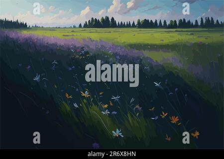 A tranquil meadow filled with colorful wildflowers, with a gentle breeze causing the grass to sway, and butterflies dancing from flower to flower Stock Vector