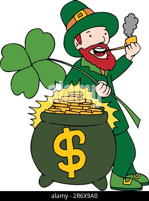 Image of a Leprechaun with a pot of gold and four-leaf clover. Stock Vector