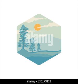 pine trees landscape logo design vector illustration with mountain view Stock Vector