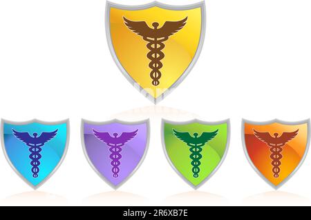 Set of five medical symbol shields in various colors - caduceus. Stock Vector