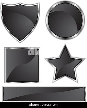 Set of 3D black chrome icons - blank with copy space. Stock Vector