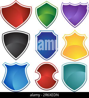 Set of 9 different shields in various colors. Stock Vector