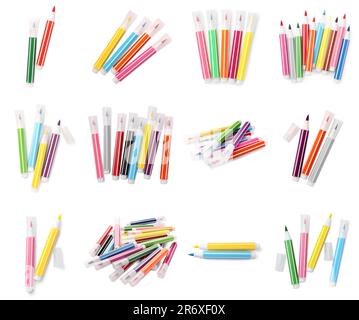 Collage with many colorful felt tip pens on white background Stock Photo