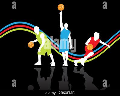 three basketball players with reflection on the floor, vector illustration Stock Vector