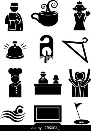 Set of 12 Hotel Service Web Buttons - black and white. Stock Vector