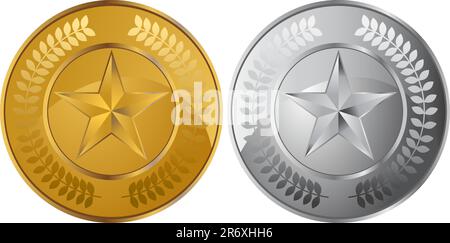 Set of metallic coins with star elements. Stock Vector
