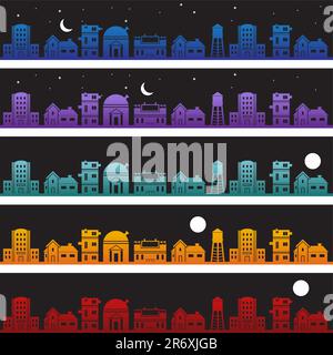 Set of city themed banners in blue, purple, teal, orange and red with star and moon sky. Stock Vector