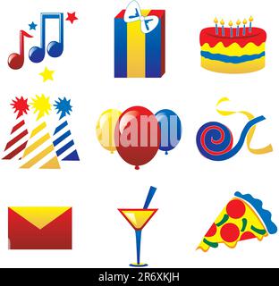 Nine fun party icons. Vector Illustration easy to edit, I used the 3 primary colors. Stock Vector