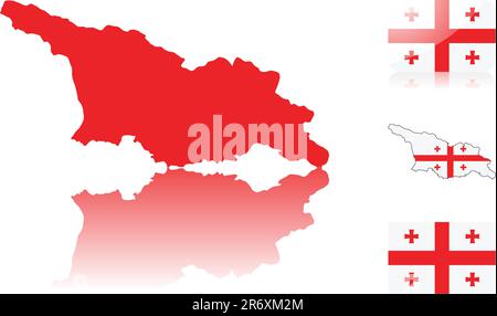 Georgian map including: map with reflection, map in flag colors, glossy and normal flag of Georgia. Stock Vector