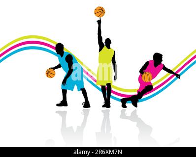 three basketball players with reflection on the floor, vector illustration Stock Vector