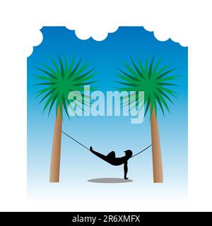 Vector Illustration of peaceful summer scene of man lying on hammock Stock Vector