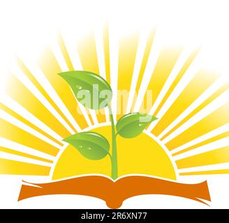 Book with plant on sunrise background, vector illustration Stock Vector