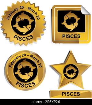 Set of 4 3D zodiac sign buttons - pisces. Stock Vector