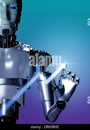 3d rendering smart robot draws rising arrow on growth graph on blue background, vertical style. Ai humanoid pointing finger on screen . Business and t Stock Photo