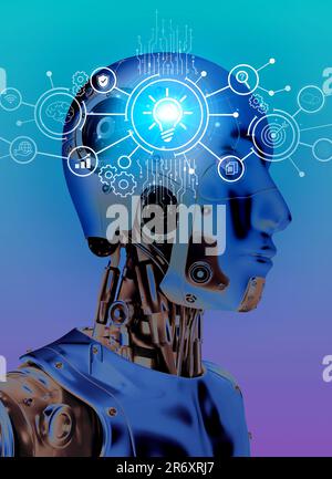 Brain working of Artificial Intelligence (AI) with 3d rendering robot showing all smart technology icons, digital element on blue background. Robotic Stock Photo