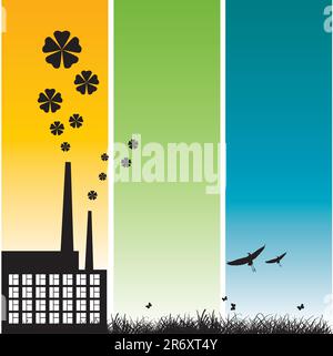 ecology illustration with factory and flower on color background Stock Vector