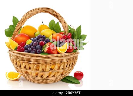 Beautiful fruits set of baskets closeup and copy space for text isolated on white background Stock Photo