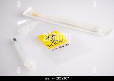 Biohazard specimen plastic bag on a white background Stock Photo