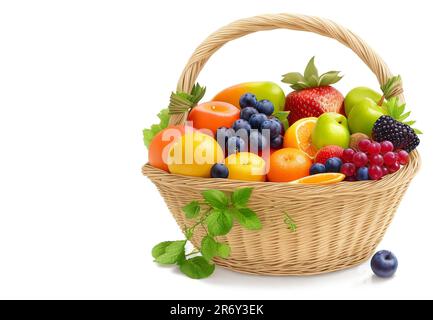 Beautiful fruits set of baskets closeup and copy space for text isolated on white background Stock Photo