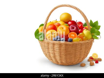 Beautiful fruits set of baskets closeup and copy space for text isolated on white background Stock Photo