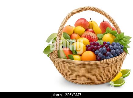 Beautiful fruits set of baskets closeup and copy space for text isolated on white background Stock Photo