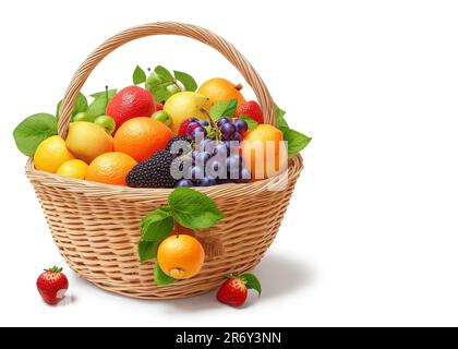 Beautiful fruits set of baskets closeup and copy space for text isolated on white background Stock Photo