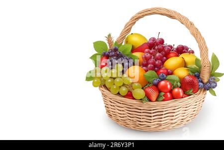 Beautiful fruits set of baskets closeup and copy space for text isolated on white background Stock Photo