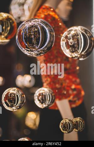 Mirror spheres Christmas neon decorations Stock Photo