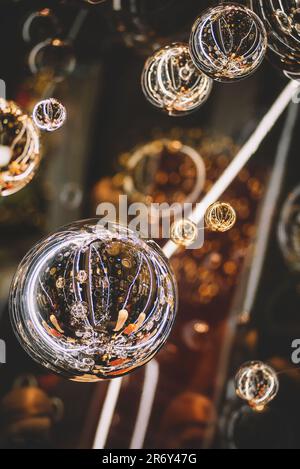 Mirror spheres Christmas neon decorations Stock Photo
