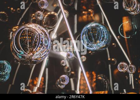 Mirror spheres Christmas neon decorations Stock Photo