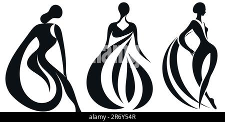 Three dancing girls in vector. Black female silhouette. Dance studio logo design concept. Stock Vector