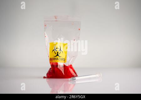 Biohazard specimen plastic bag on a white background Stock Photo