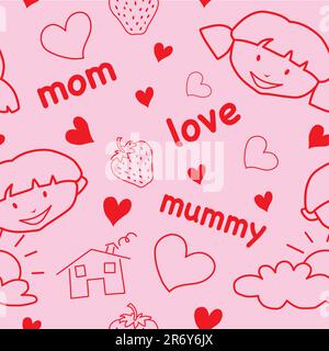 Mother's Day seamless pattern with childish drawings & hearts Stock Vector