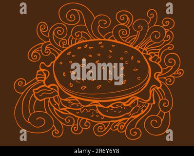 A hand drawn skwtch of a hamburger with swirls. Stock Vector