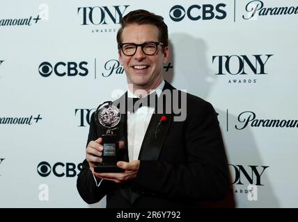 New York, United States. 11th June, 2023. Sean Hayes, winner of the award for Best Performance by a Leading Actor in a Play for 'Good Night, Oscar,' holds a Tony Award in the press room at The 76th Annual Tony Awards at the Radio Hotel on June 11, 2023 in New York City. Photo by John Angelillo/UPI Credit: UPI/Alamy Live News Stock Photo