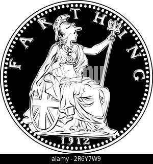 Vector money coin British farthing, Britannia on reverse. Black and white Stock Vector