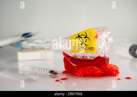 Biohazard specimen plastic bag on a white background Stock Photo