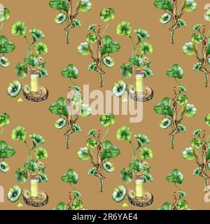 Centella asiatica, essential oils on wooden stand watercolor seamless pattern isolated on beige. Pennywort, herbal plants on wooden branch hand drawn. Stock Photo
