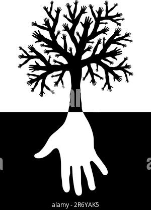 Editable vector design of a tree with branches and roots made of hands Stock Vector