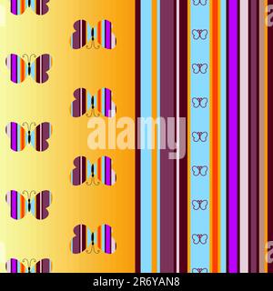 Seamless colorful striped pattern with application butterflies (vector) Stock Vector